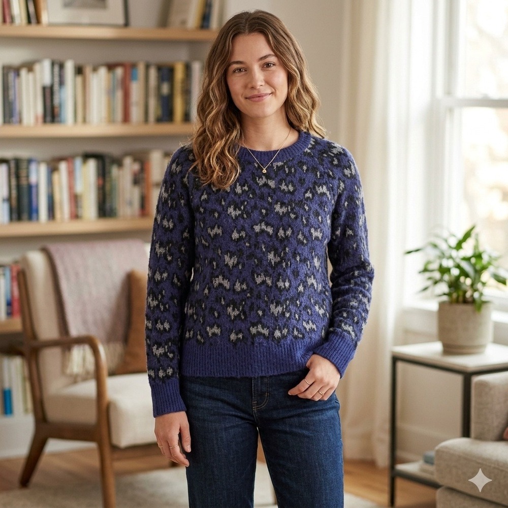 Athleta  Cozycore Sweater Womens Small Navy Blue Leopard Print Crewneck Knit